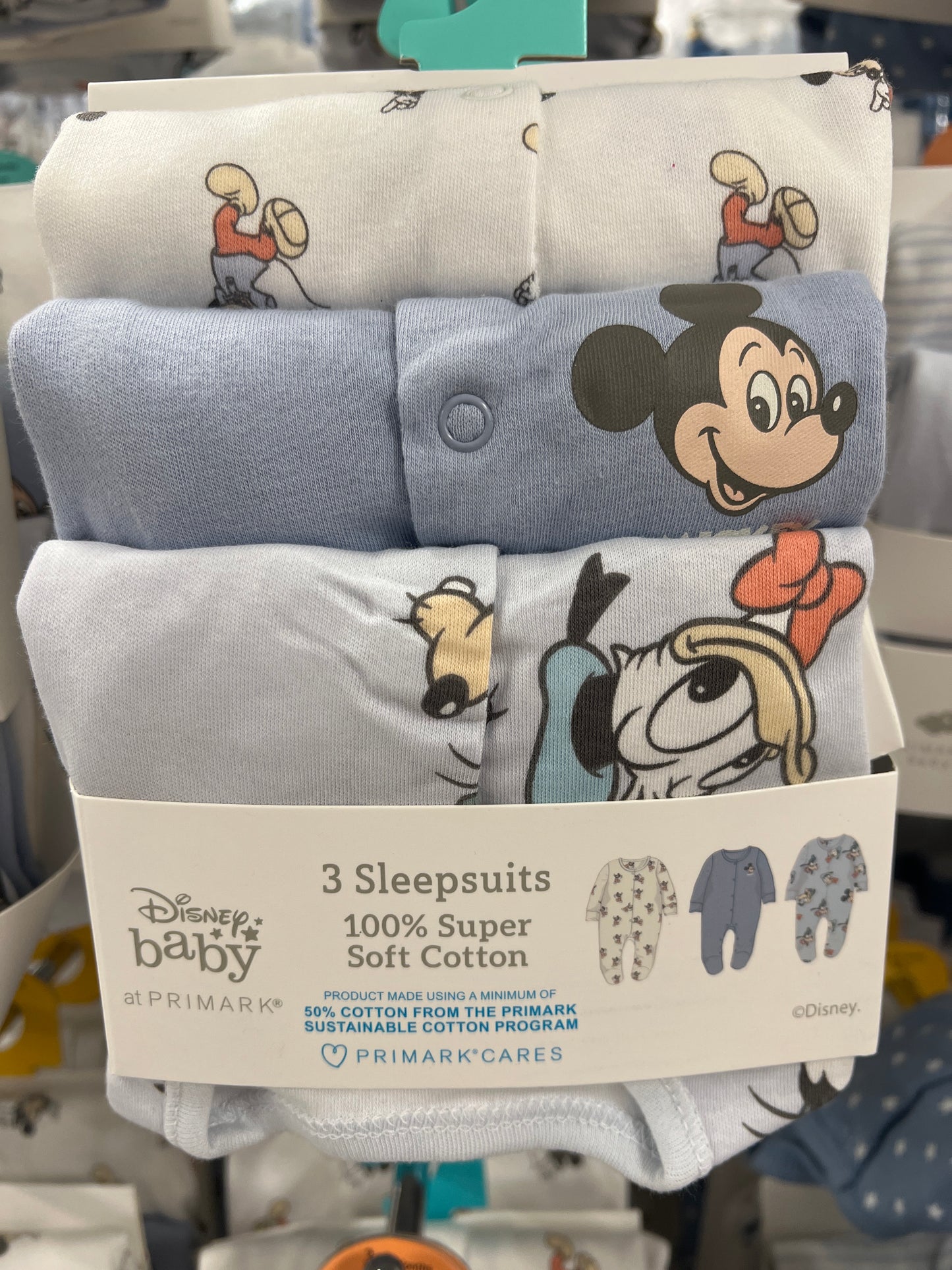 Disney Baby Sleepsuits Blue 3pcs 100% Cotton