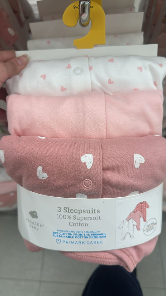 Baby Sleepsuits Pink Hearts 3pcs 100% Cotton