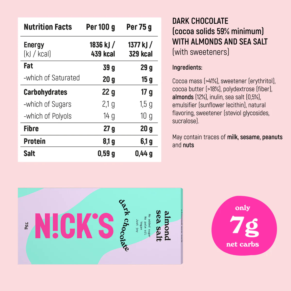 N!CK’S Dark Chocolate & Almond Sea Salt Chocolates Block 75g (SUGAR FREE, VEGAN)