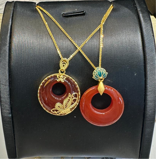 Genuine Red Jade Pedant w/ Necklace 925 Silver (Gold Plated) 48cm P