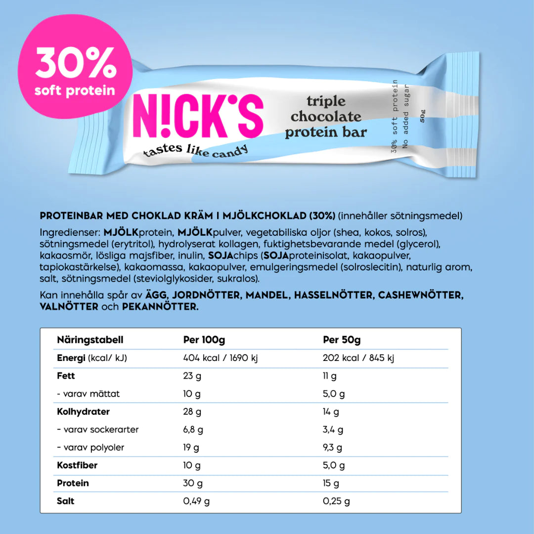 N!CK’S Protein Bar Triple Chocolates (15g Protein, SUGAR FREE) 3x50g