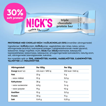 N!CK’S Protein Bar Triple Chocolates (15g Protein, SUGAR FREE) 3x50g