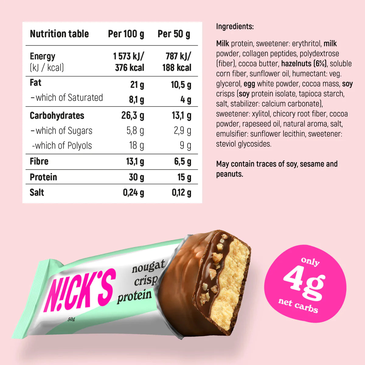 N!CK’S Protein Bar Nougat Crisp (15g Protein, SUGAR FREE) 3x50g