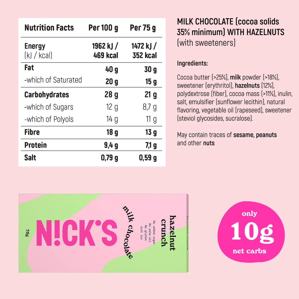 N!CK’S Chocolate & Hazelnut Crunch Chocolates Block 75g (SUGAR FREE,VEGAN)