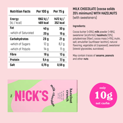 N!CK’S Chocolate & Hazelnut Crunch Chocolates Block 75g (SUGAR FREE,VEGAN)