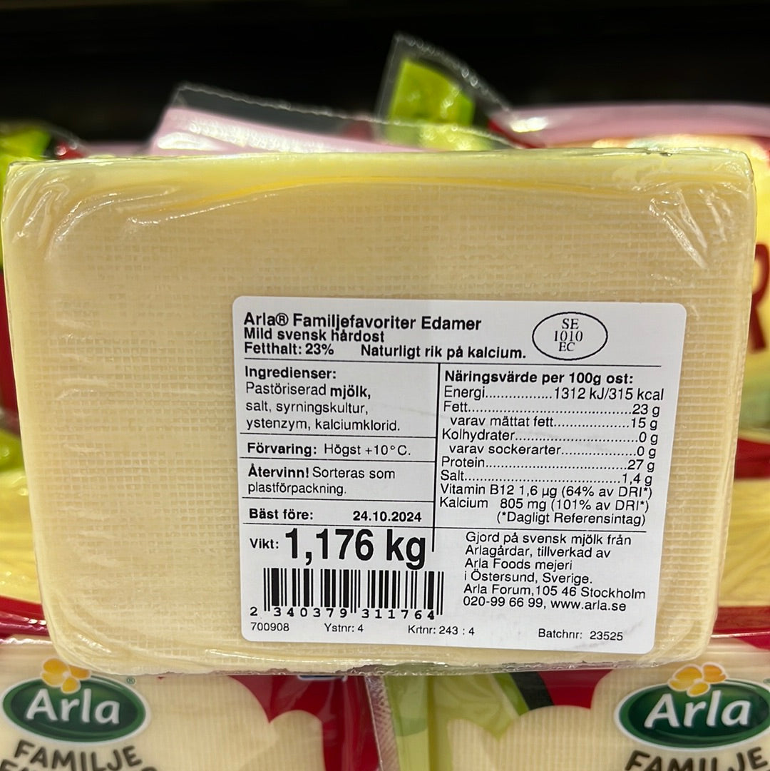 Arla Edamer Cheese 23% Fats 1.2kg (More than 120slices) SWEDEN