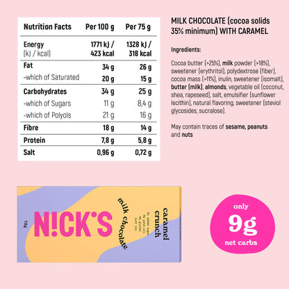 N!CK’S Chocolate & Caramel Crunch Chocolates Block 75g (SUGAR FREE,VEGAN)