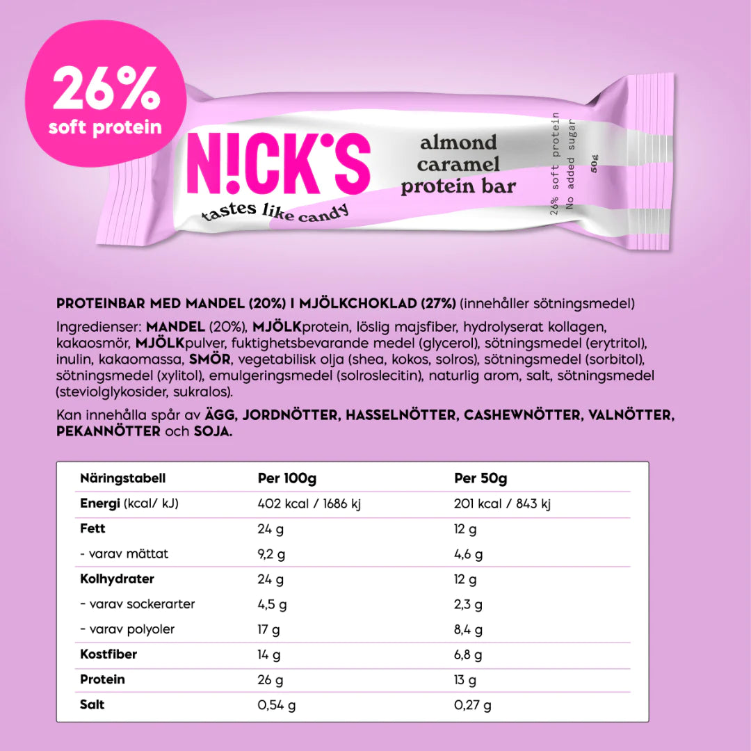 N!CK’S Protein Bar Almond Caramel (13g Protein, SUGAR FREE) 3x50g