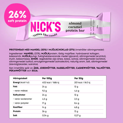 N!CK’S Protein Bar Almond Caramel (13g Protein, SUGAR FREE) 3x50g