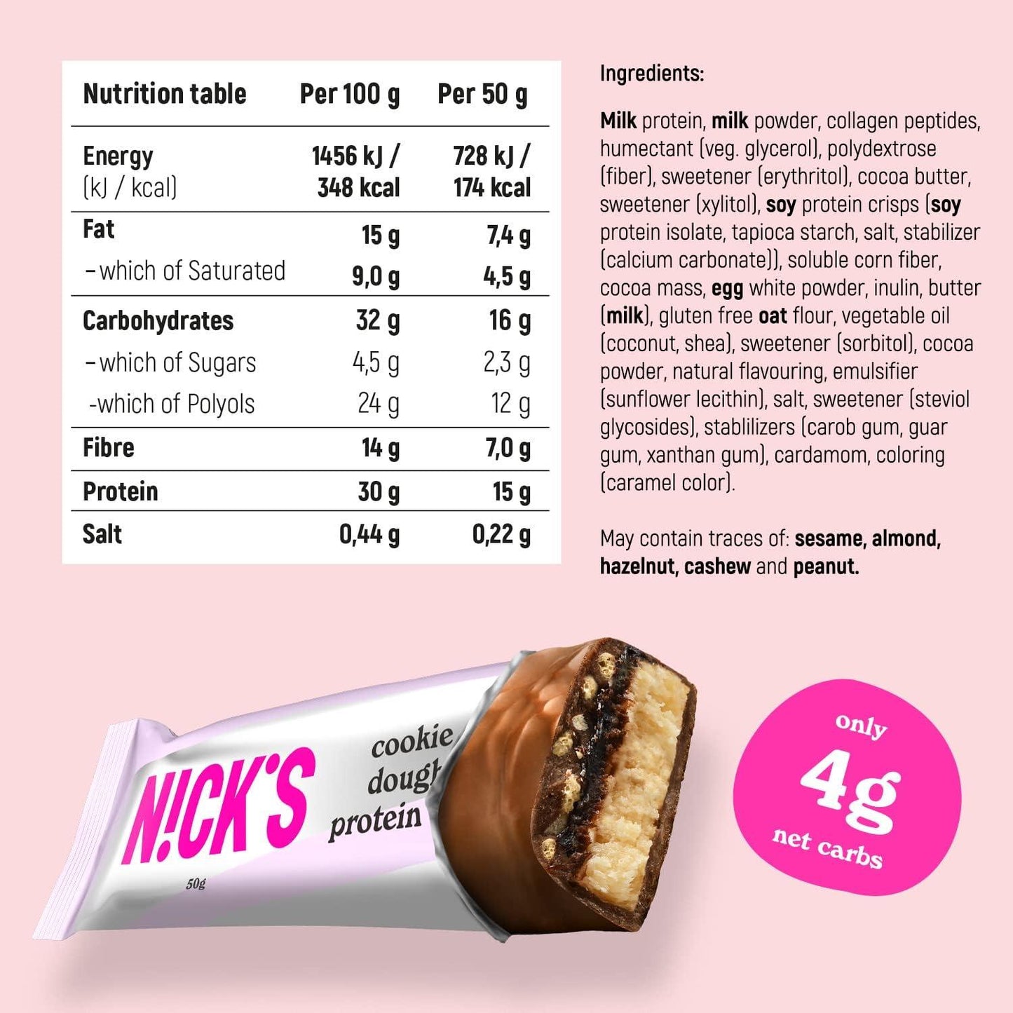 N!CK’S Protein Bar Cookie Dough (15g Protein, SUGAR FREE) 3x50g