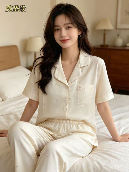(SPREE) Ice-Silk Pyjamas (PADDED) Short Sleeves Long Pants