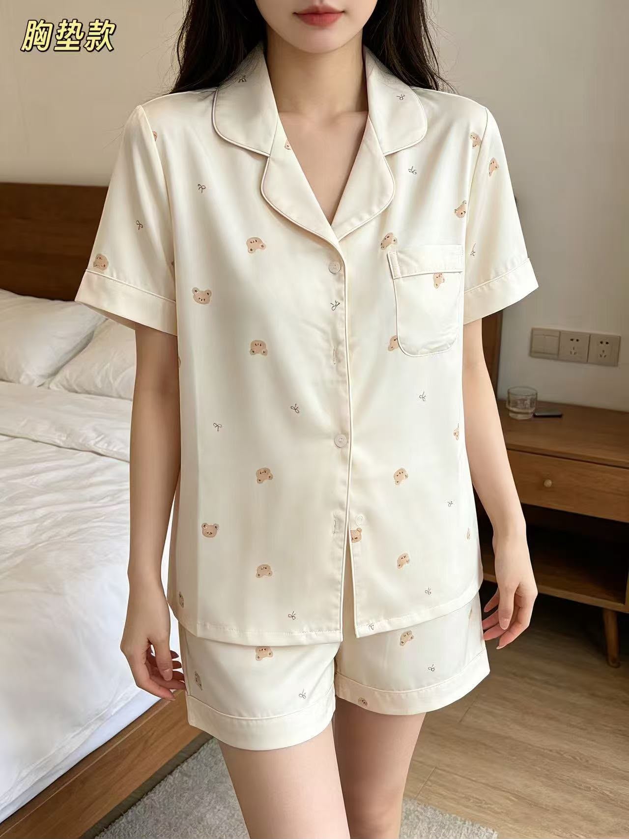 (SPREE) Ice-Silk Pyjamas (PADDED) Short Sleeves Short Pants