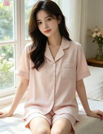 (SPREE) Ice-Silk Pyjamas (PADDED) Short Sleeves Short Pants