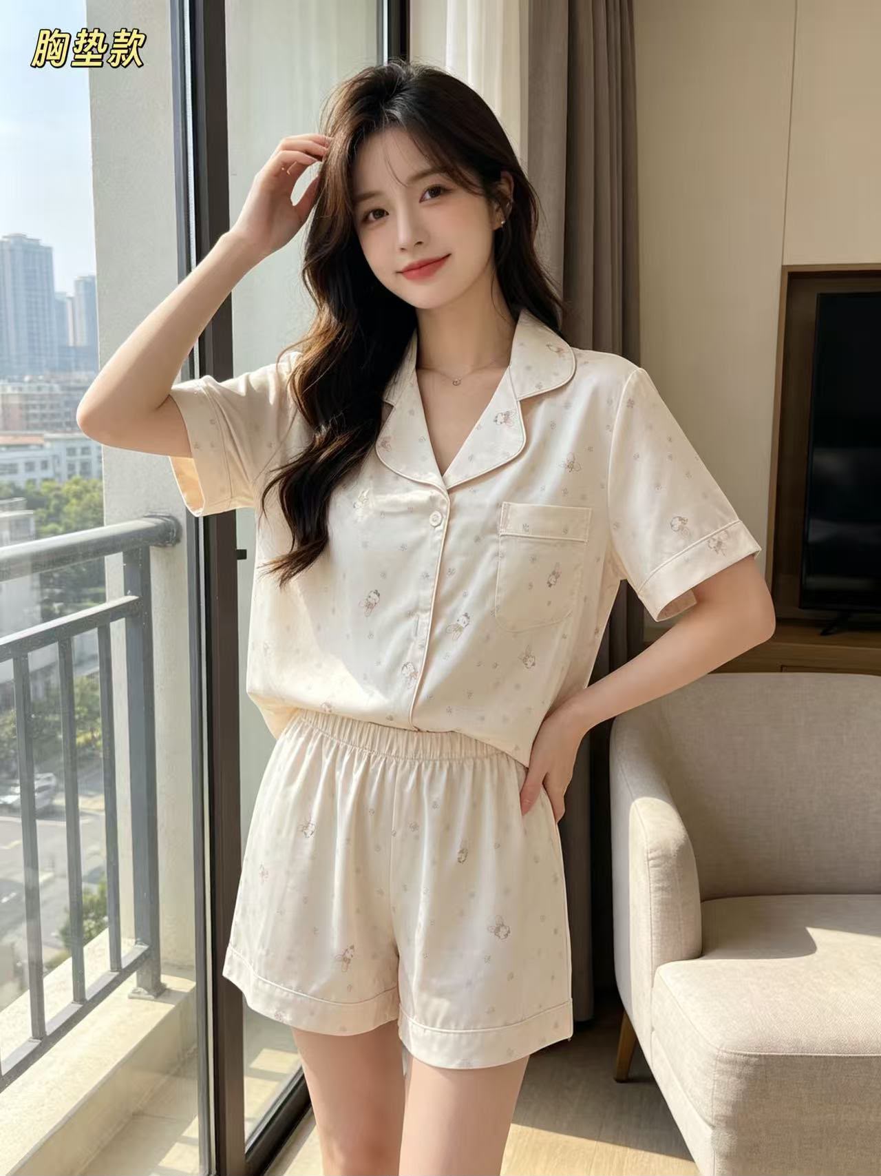 (SPREE) Ice-Silk Pyjamas (PADDED) Short Sleeves Short Pants
