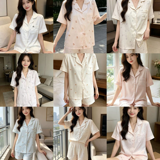 (SPREE) Ice-Silk Pyjamas (PADDED) Short Sleeves Short Pants
